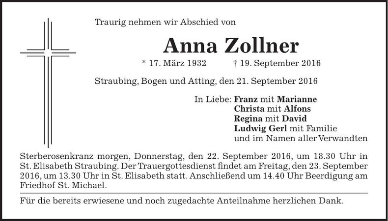 Traueranzeige Anna Zollner