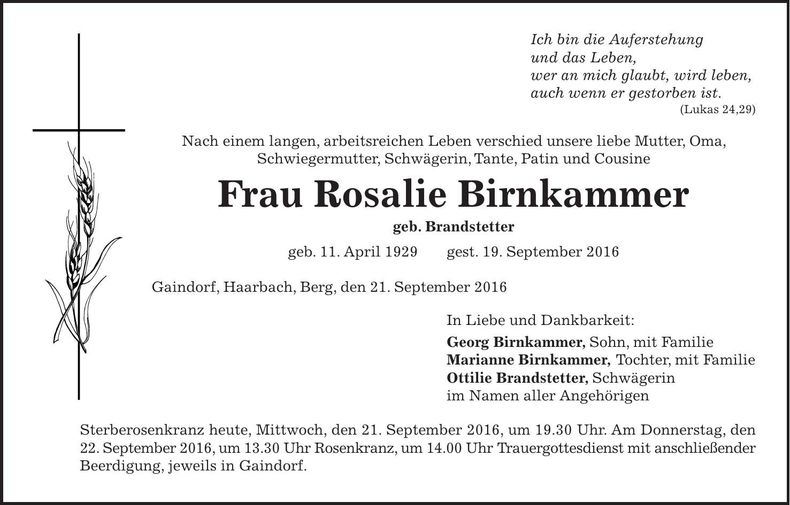 Traueranzeige Rosalie Brandstetter