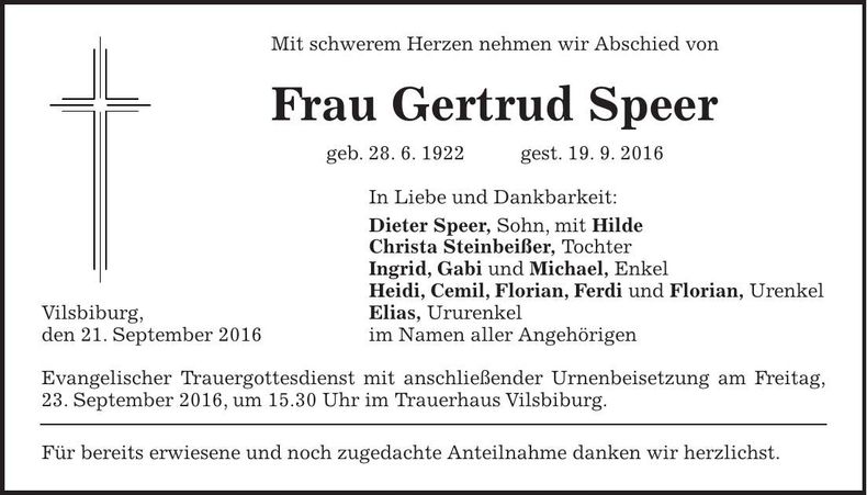 Traueranzeige Gertrud Speer