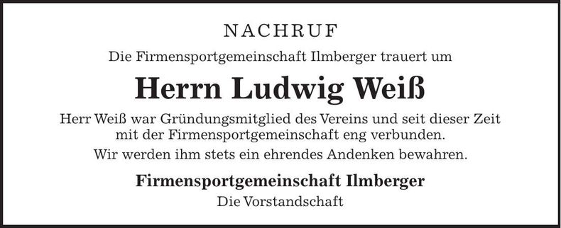 Traueranzeige Ludwig Weiß