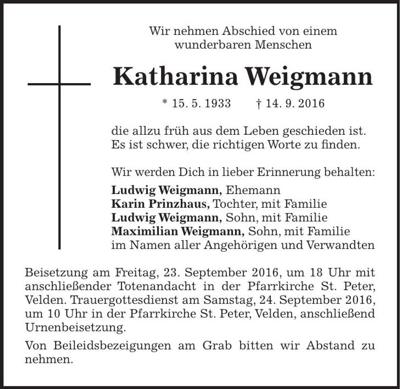Traueranzeige Katharina Weigmann