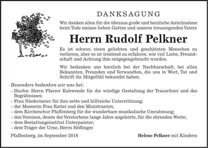 Traueranzeige Rudolf Pelkner