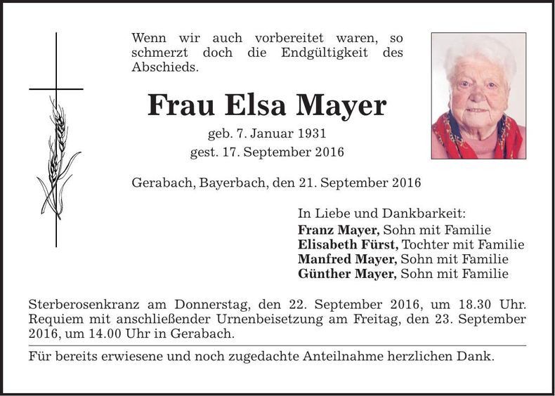 Traueranzeige Elsa Mayer