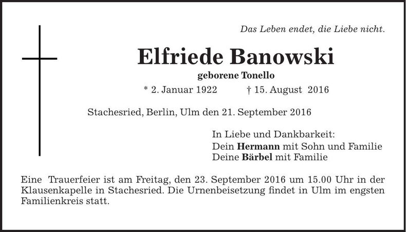 Traueranzeige Elfriede Banowski
