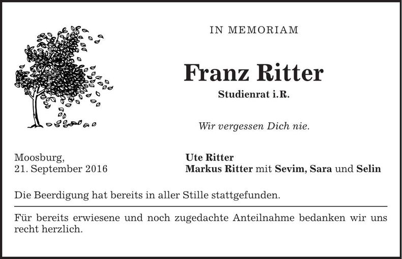 Traueranzeige Franz Ritter