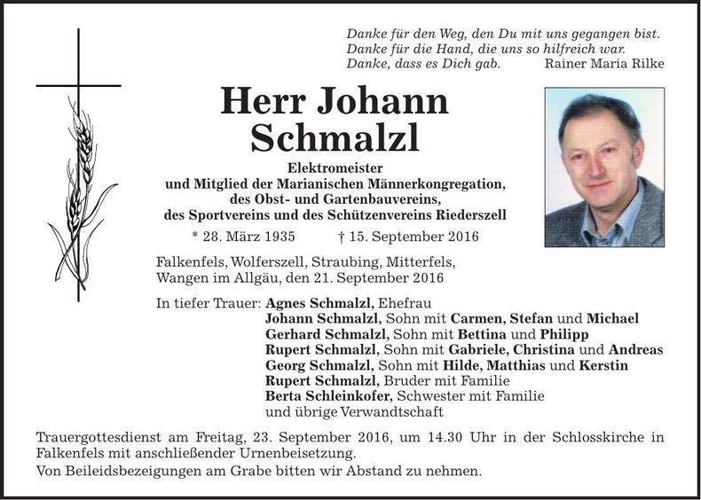 Traueranzeige Johann Schmalzl