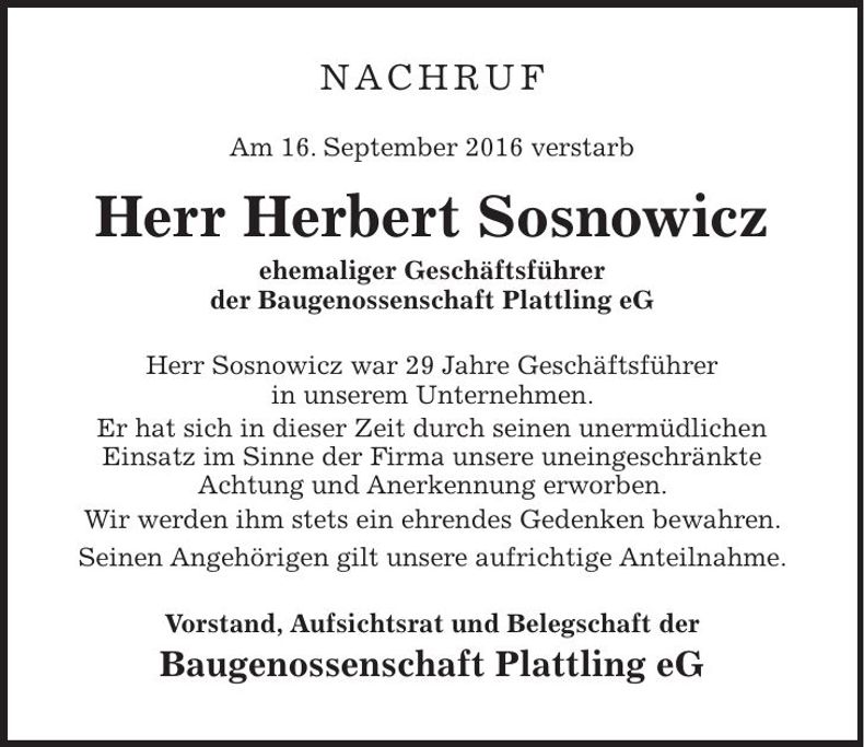 Traueranzeige Herbert Sosnowicz