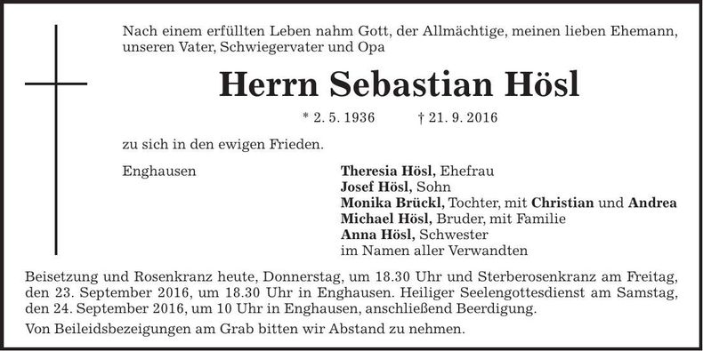 Traueranzeige Sebastian Hösl