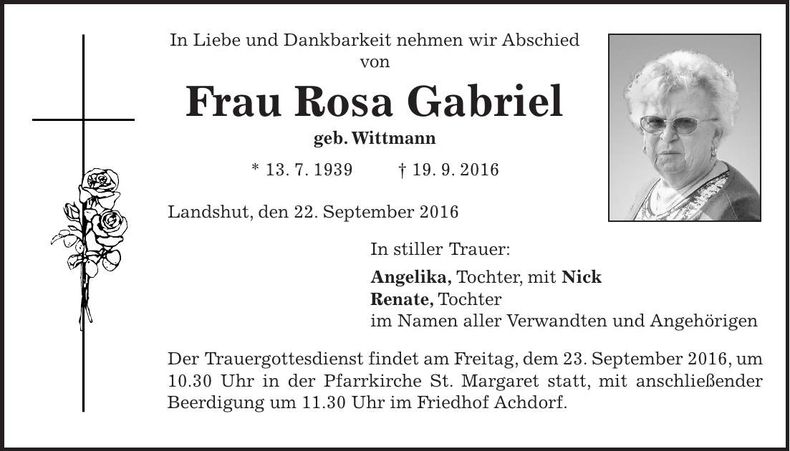 Traueranzeige Rosa Gabriel