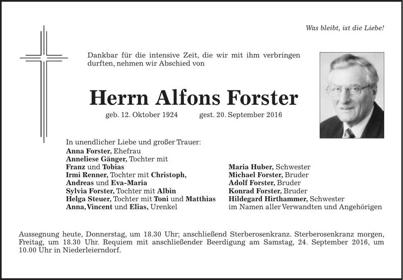 Traueranzeige Alfons Forster