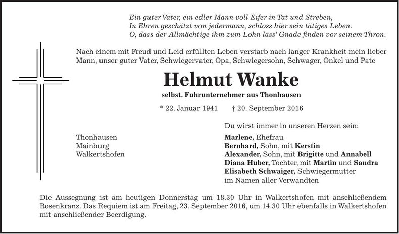 Traueranzeige Helmut Wanke