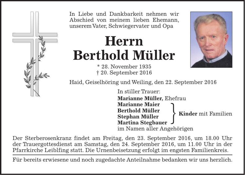 Traueranzeige Berthold Müller