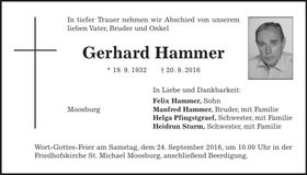 Traueranzeige Gerhard Hammer