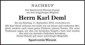 Traueranzeige Karl Deml
