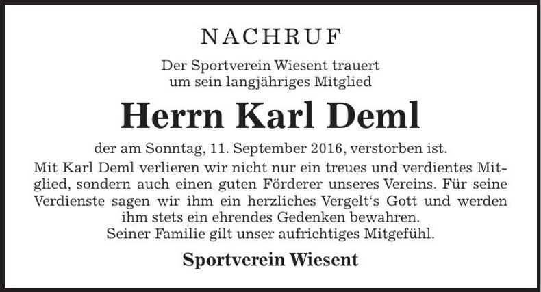 Traueranzeige Karl Deml
