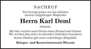 Traueranzeige Karl Deml