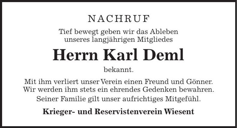 Traueranzeige Karl Deml