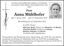 Traueranzeige Anna Mühlhofer
