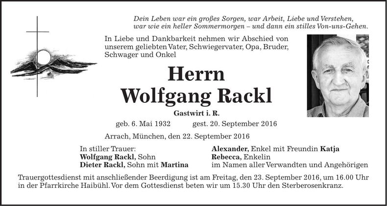 Traueranzeige Wolfgang Rackl