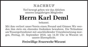 Traueranzeige Karl Deml