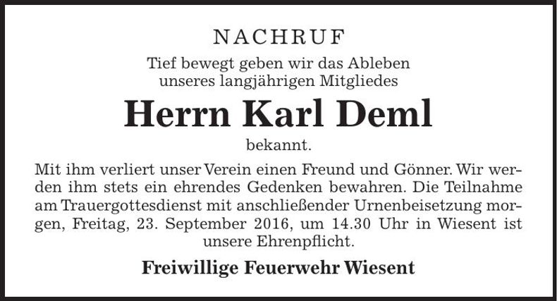 Traueranzeige Karl Deml