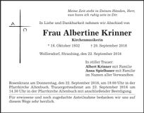 Traueranzeige Albertine Krinner