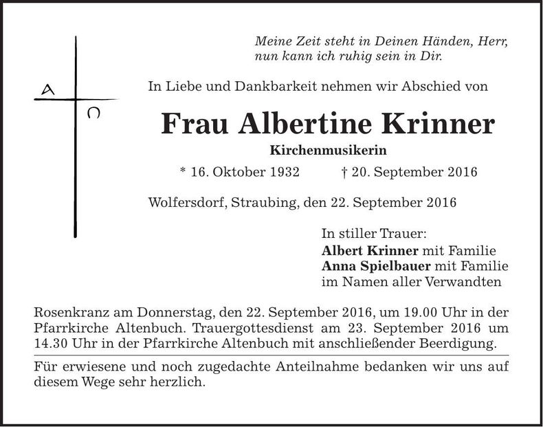 Traueranzeige Albertine Krinner