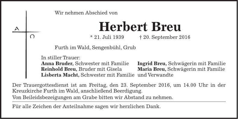 Traueranzeige Herbert Breu