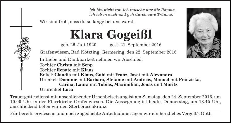 Traueranzeige Klara Gogeißl