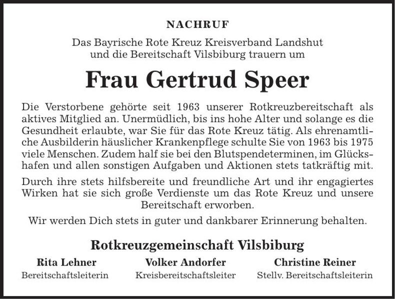 Traueranzeige Gertrud Speer