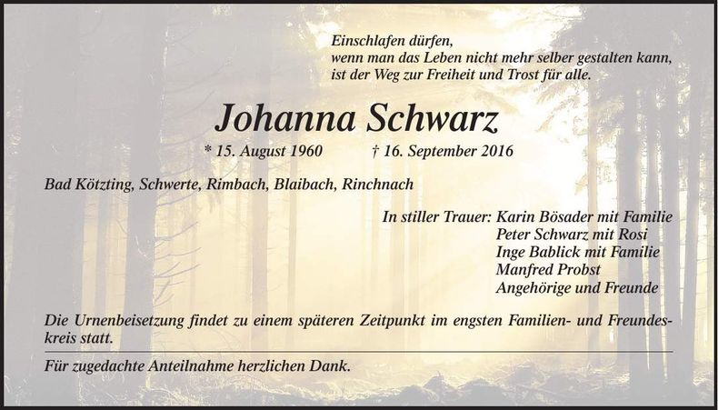 Traueranzeige Johanna Schwarz