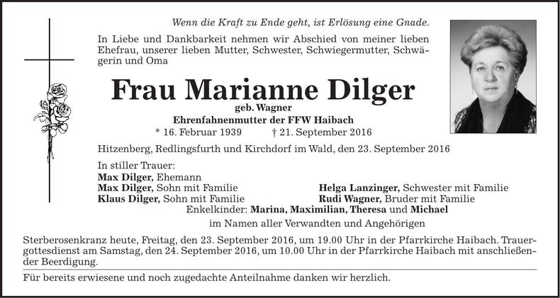 Traueranzeige Marianne Dilger