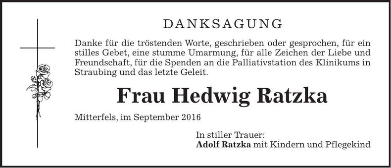 Traueranzeige Hedwig Ratzka