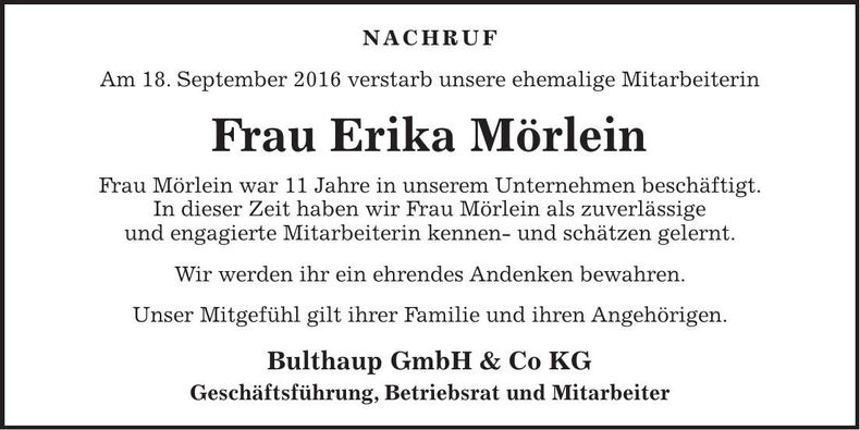 Traueranzeige Erika Mörlein