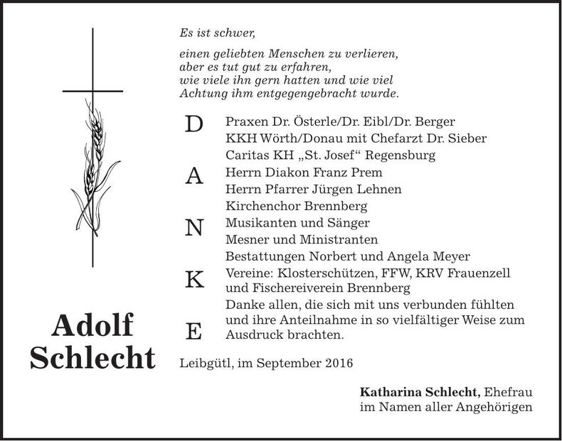 Traueranzeige Adolf Schlecht