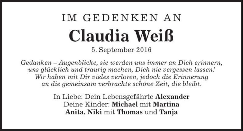 Traueranzeige Claudia Weiß