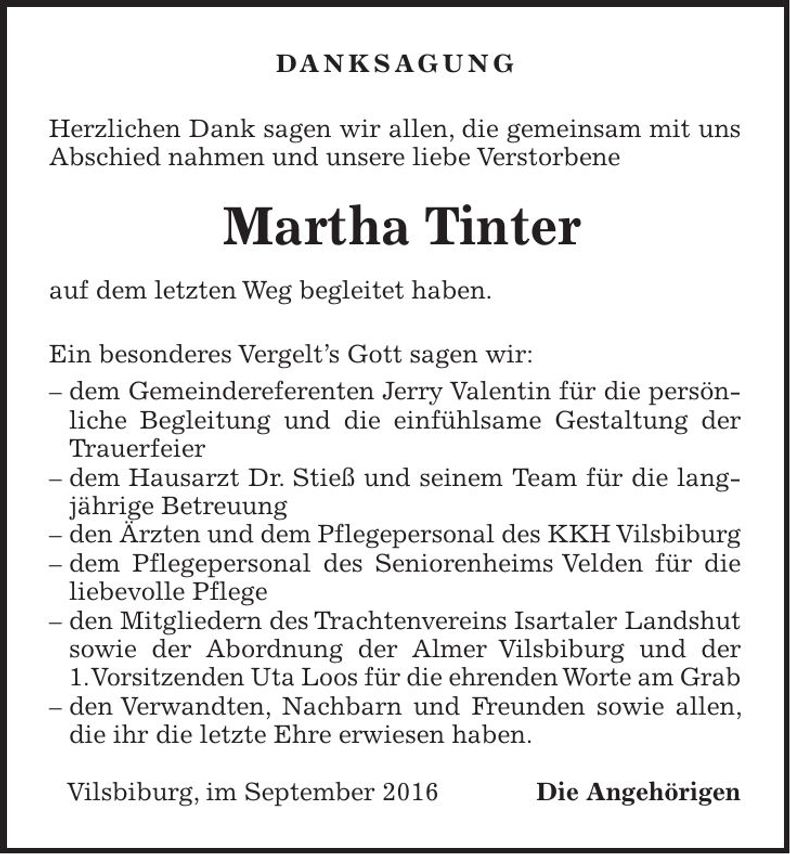 Traueranzeige Martha Tinter