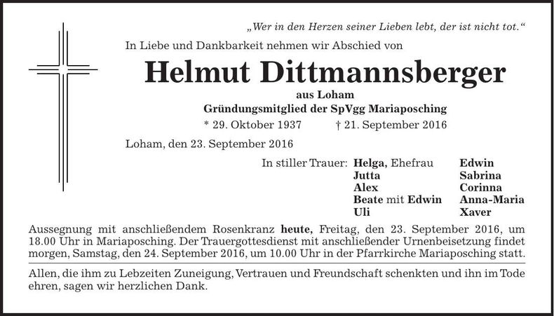 Traueranzeige Helmut Dittmannsberger