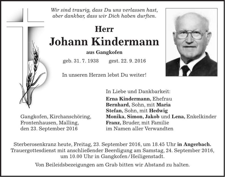 Traueranzeige Johann Kindermann