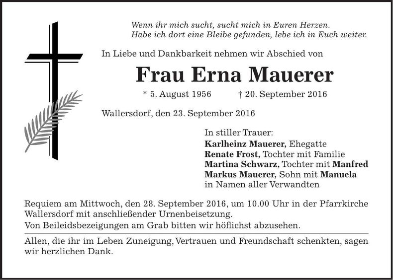 Traueranzeige Erna Mauerer