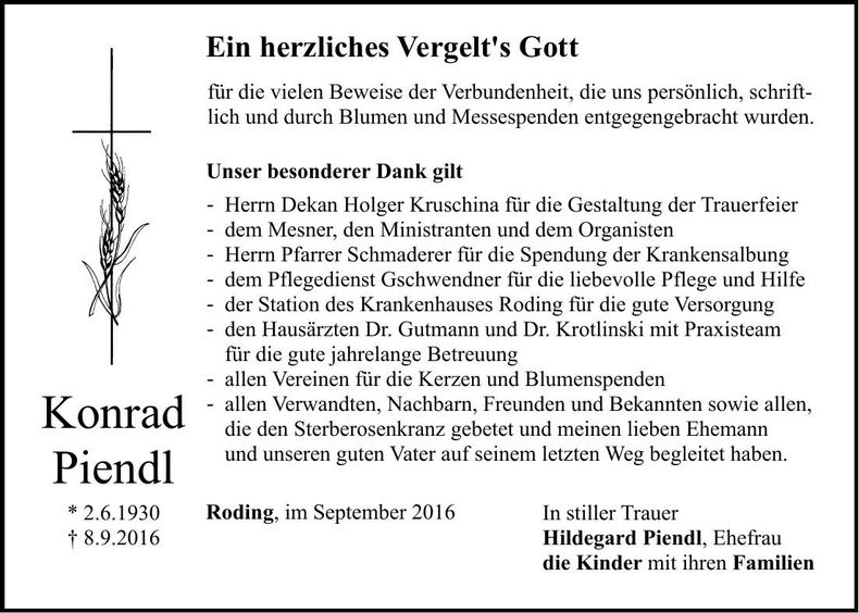 Traueranzeige Konrad Piendl