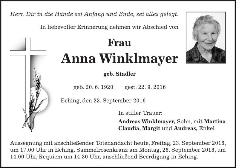Traueranzeige Anna Winklmayer