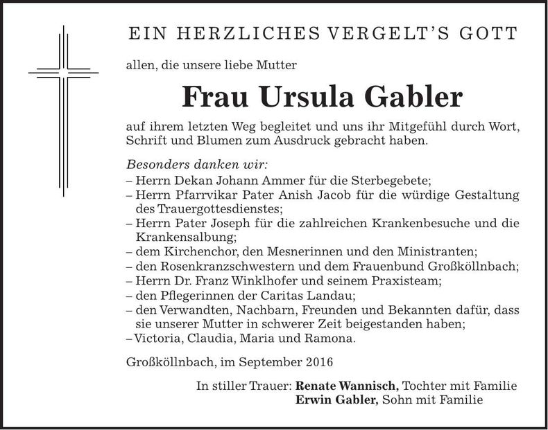 Traueranzeige Ursula Gabler