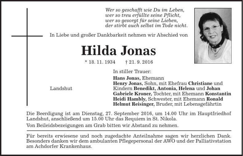 Traueranzeige Hilda Jonas