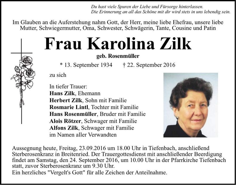 Traueranzeige Karolina Zilk