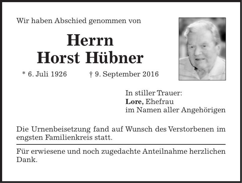 Traueranzeige Horst Hübner