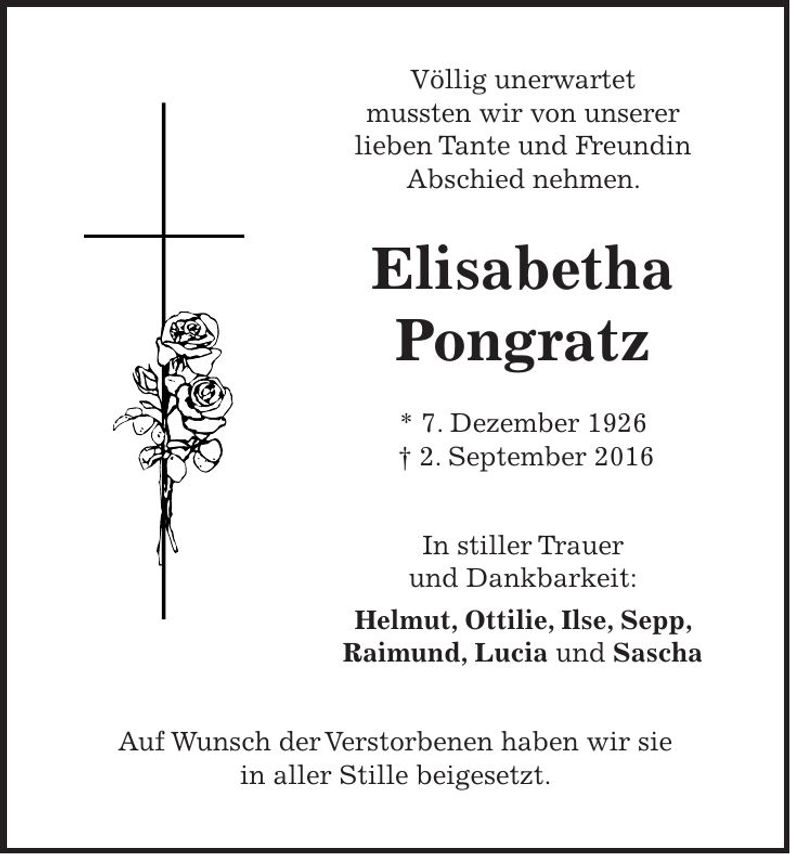 Traueranzeige Elisabetha Pongratz