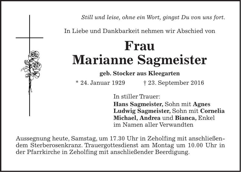 Traueranzeige Marianne Sagmeister