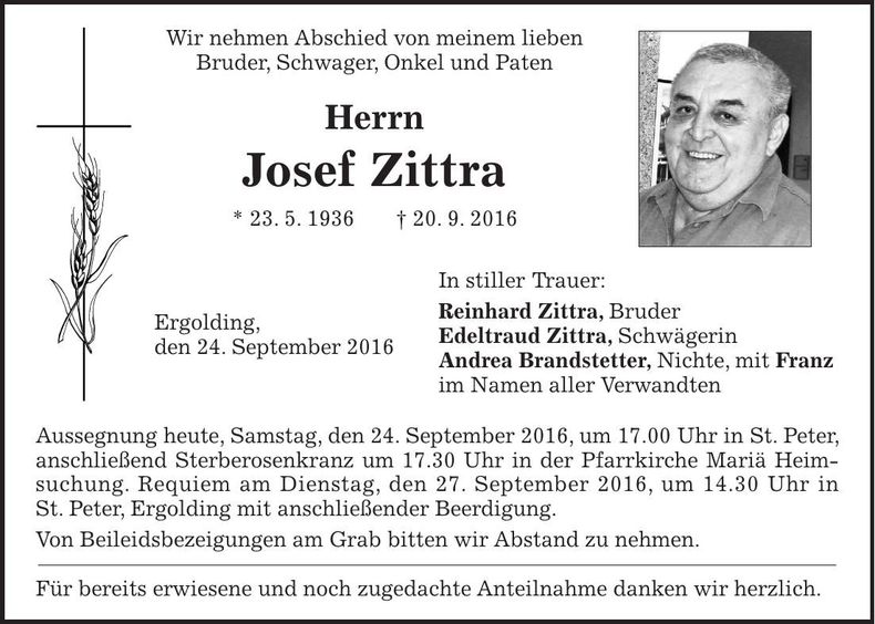 Traueranzeige Josef Zittra