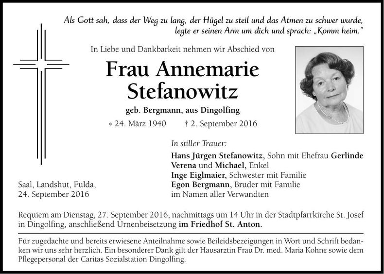 Traueranzeige Annemarie Stefanowitz